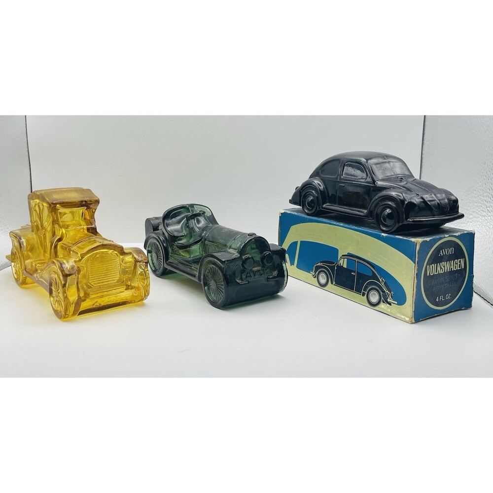Lot 3 Vintage Avon Car Decanter Bottles VW Beetle Box Straight Eight Touring Car